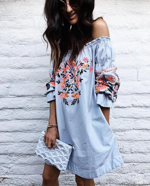 

spring and summer off shoulder neckline embroidery floral mini dresses European style flare sleeve slash neck female dresses 90s