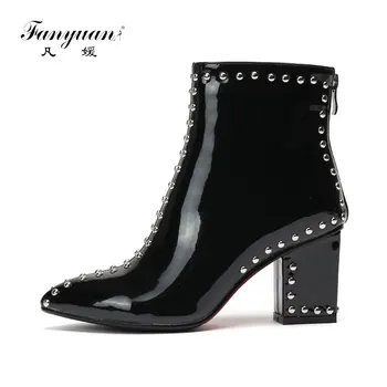 

Fanyuan Solid Patent Leather ankle boots Pointed Toe Rivet Motorcycle boots autumn high heel Zipper Fashion boots women shoes
