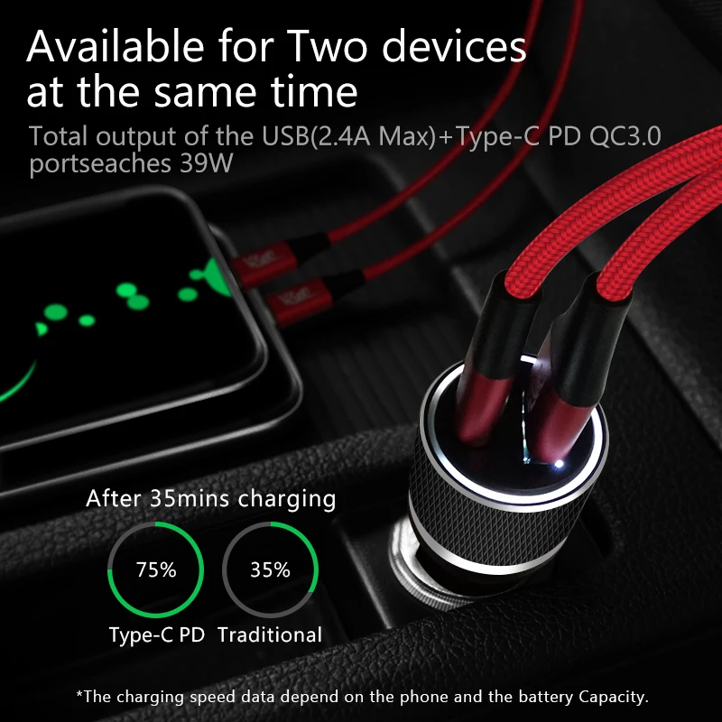 VVKing 39 W USB شاحن سيارة شاحن سريع PD 3.0 5 V/3A نوع C لسامسونج Xiaomi هواوي iPhon ipad USB 5V2. 4A ماكس سريع شحن