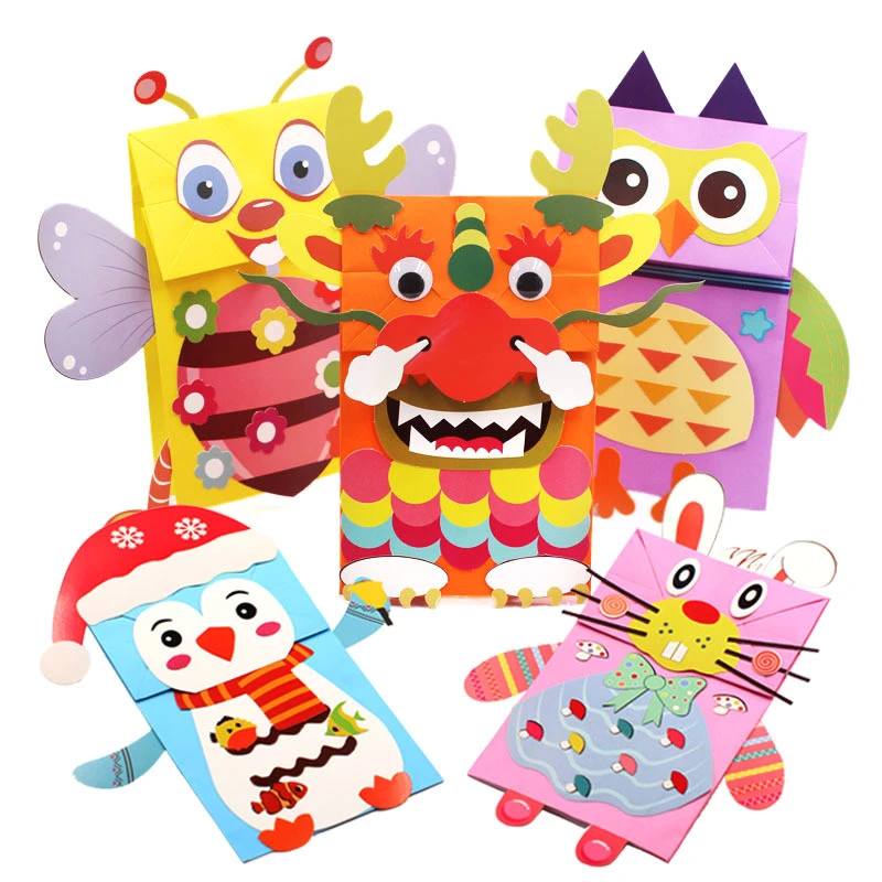 3d漫画動物紙袋ハンドパペットの子供クリエイティブパズルdiy小道具子供クラフトおもちゃ幼稚園手作り素材のバッグ Craft Toys Aliexpress