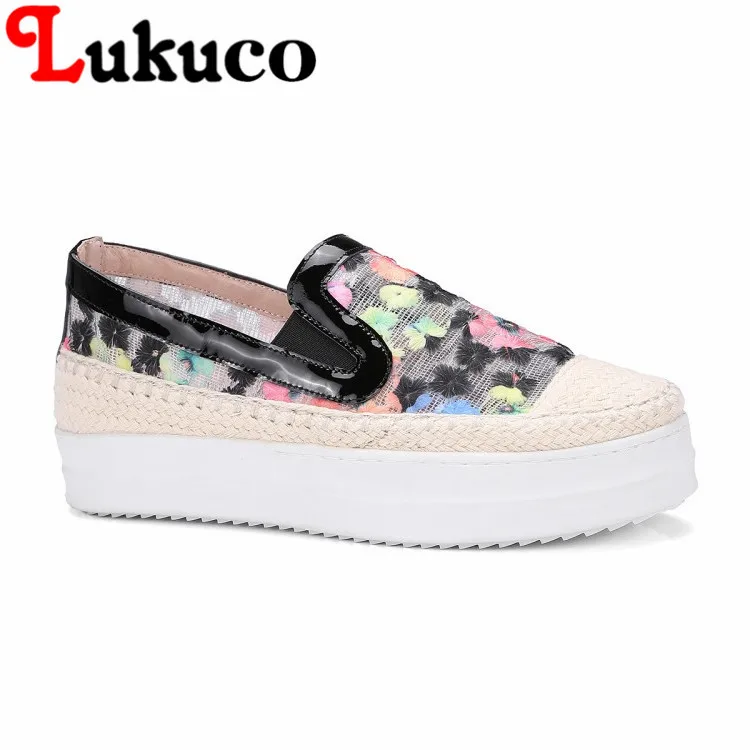 

Lukuco leisure women wedges pumps mesh and hemp made mix colors embroider design sweet high heel shoes with pigskin inside