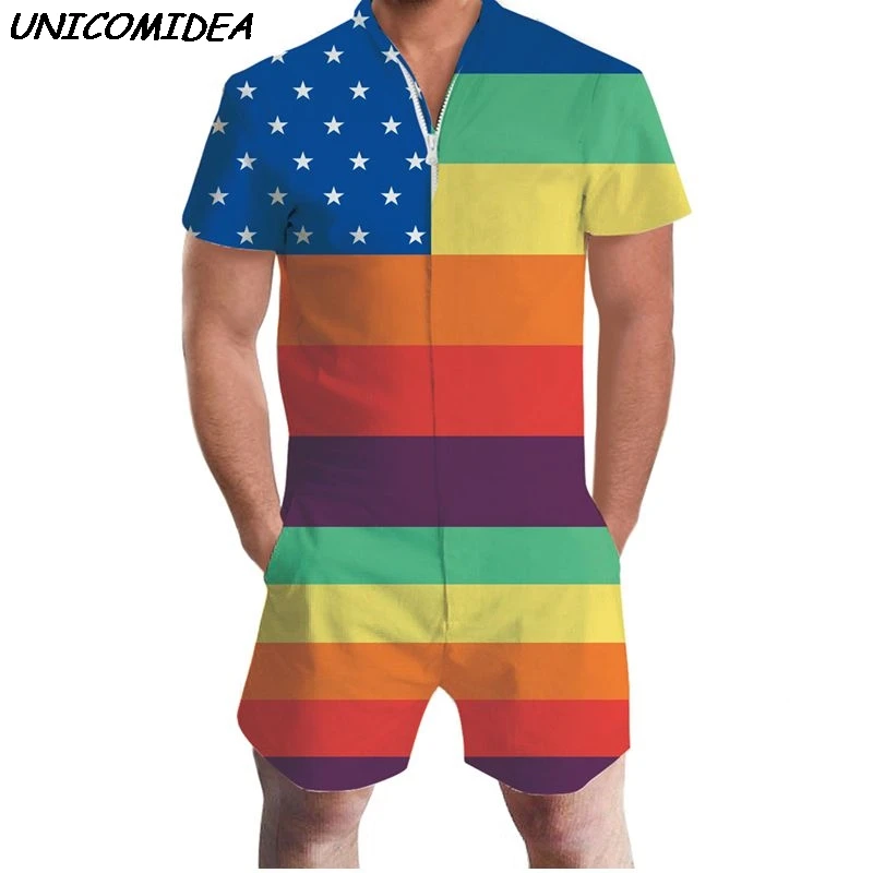 

Pride Romper Gay Pride Rainbow Men Romper 3D Graphic One Piece Romper Casual Zipper Jumpsuit Overalls USA Flag Beach Men's Sets