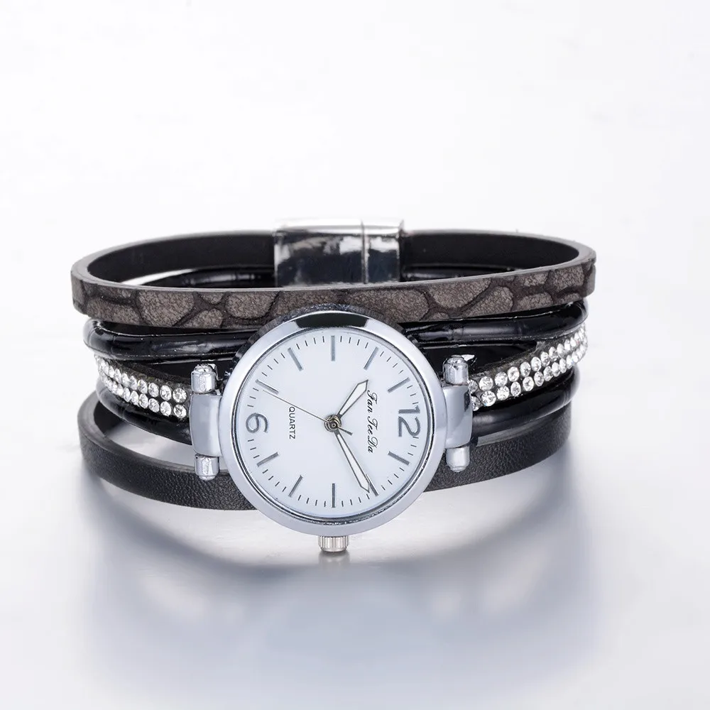 Многослойные женские кварцевые часы-браслет из искусственной кожи, плетеные наручные часы с кристаллами, ювелирные изделия, подарки, relogio feminino reloj mujer P30