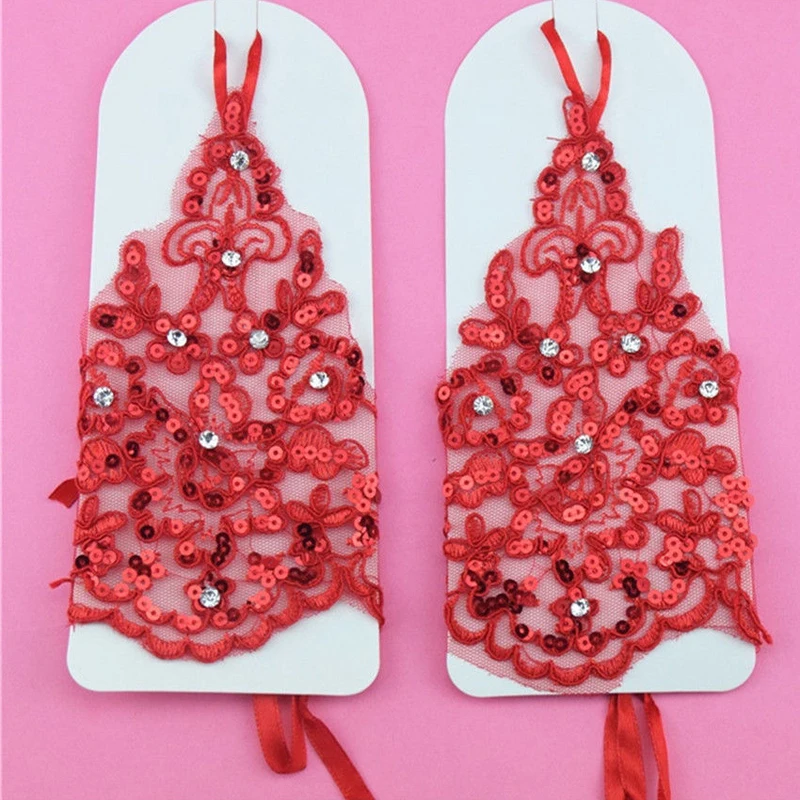New Red/White Women Lace Fingerless Short Gloves Diamond Decor Lace Gloves Wedding Bridal Ball Party Dress Decoration Accessory