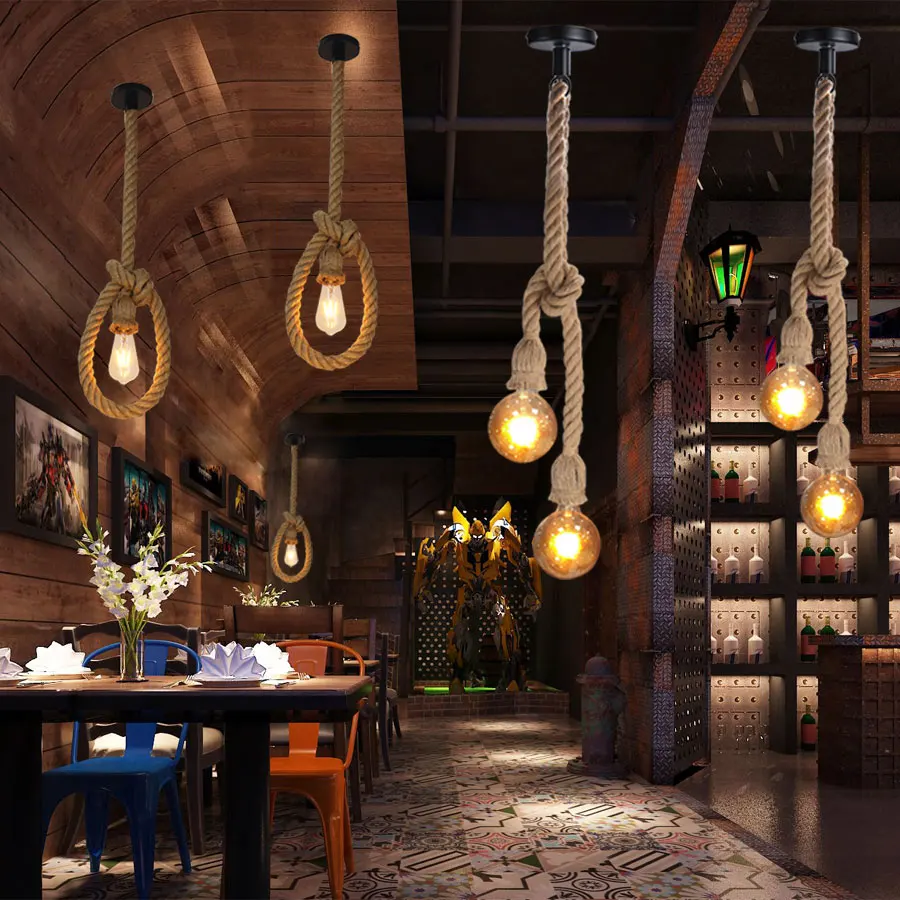 

EeeToo Vintage Rope Pendant Lights Single Double Head Modern Ceiling Pendant Lamps Hand-woven E27 Loft Hanging Light Fixture