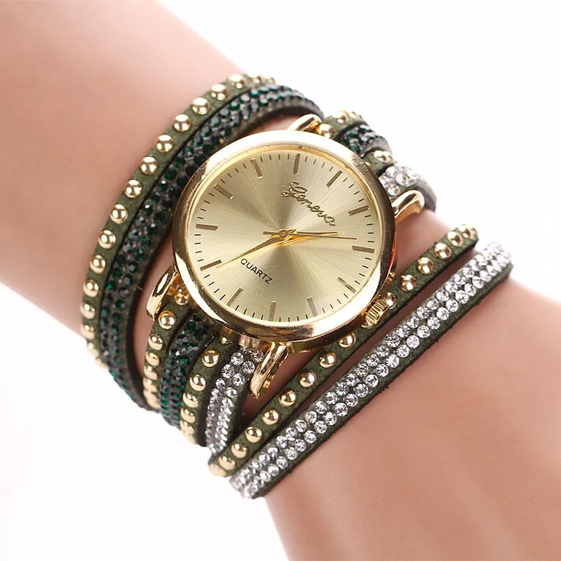 Модные роскошные кожаные часы-браслет с кристаллами и заклепками, женские кварцевые часы, повседневные женские наручные часы, Relogio Feminino, Прямая поставка# D - Цвет: C