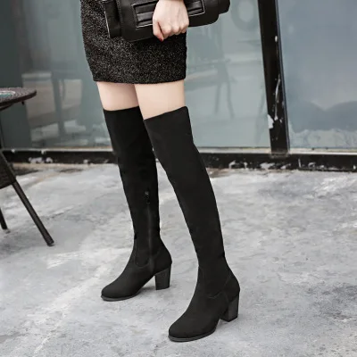 

European and American style wild high-heeled thick with knee boots 2018 autumn and winter new suede fashion women's boots