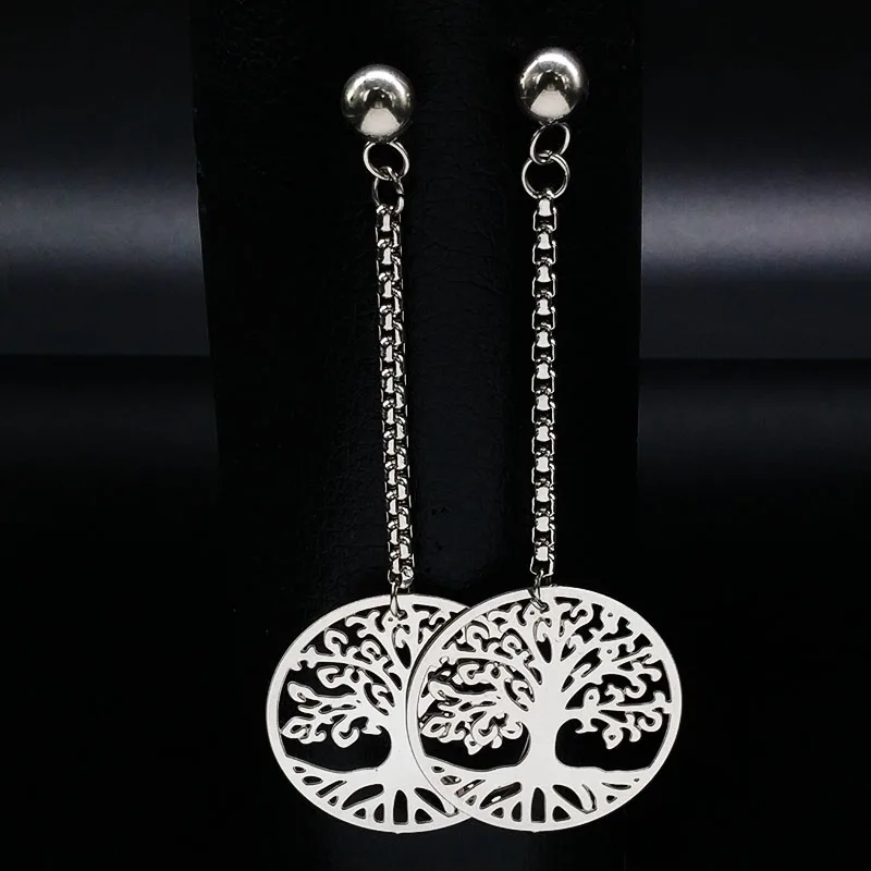 Серебряные Круглые длинные серьги-гвоздики из нержавеющей стали для женщин Дерево жизни, серьги для женщин ювелирные изделия orecchini E612151