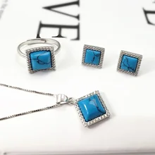 Настоящее чистое серебро 925, ювелирный набор, богемный этнический женский с квадратным натуральным бирюзовым камнем, хорошее ювелирное изделие