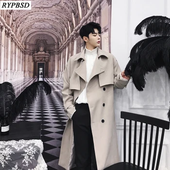 

New 2019 Loose Casual Trench Coat Men Homme Turn Down Collar Double Breasted Korean Fashions Windbreaker Trench Men Overcoat
