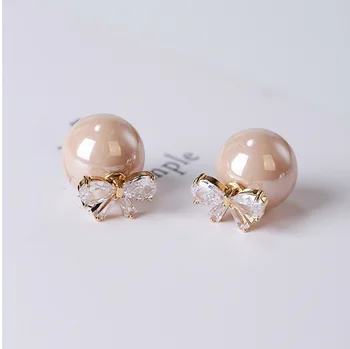 

3 Colors Zircon Stud Earrings Fashion Exaggerated Balls Women Jewelry Double Side Bow Pearl Earrings