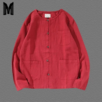 

Long Sleeve Cotton Linen Men Shirts Chinese Style Coat Shirt Solid Color Pocket Decoration Collarless Shirt Y1771