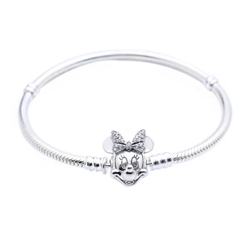 

Original 925 Sterling Silver Pan Minnie Shimmering Portrait Clasp Snake Chain Bracelet Bangle Fit Bead Charm Diy Jewelry