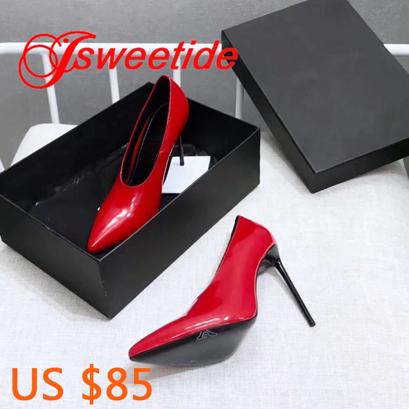 

Genuine Leather fashion stiletto pointed toes Pure color Classic explosion high-heeled shoes woman Patent leather Single shoes