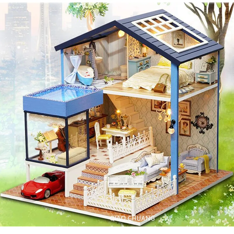 

Diy Assembly Extra Large Villa Couples Room With LED Light Wood Sea View Room Creative Birthday Gift L477