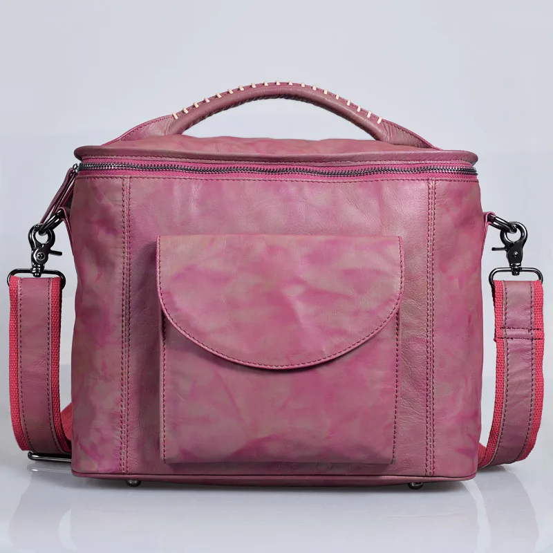 

New Gradient Color Leather Large Capacity Shoulder Cross Handmade Leather Retro Two-Color Lady Suitcase Square Bag