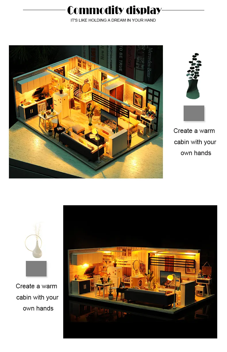 Casa em Miniatura com Móveis Blocos de Construção Brinquedos para Crianças Casa de Boneca Cutebee Faça Você Mesmo Música Poeira Capa Modelo J13 Led Mod. 261726 9 ArquiteturaCasa DIYMiniaturas