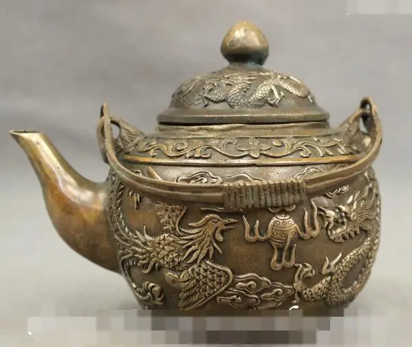 

S01409 6" Chinese Auspicious Bronze Copper Flying Dragon Phoenix Statue Wine Pot Teapot (B0413)