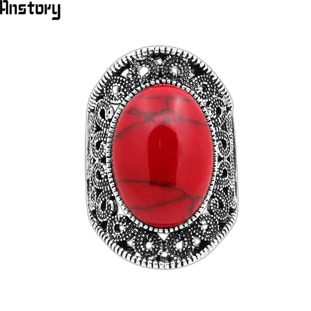 5 Colors Hollow Flower Oval Stone Rings For Women Vintage Antique Silver Plated 5 Colors Hollow Flower Oval Stone Rings For Women Vintage Antique Silver Plated