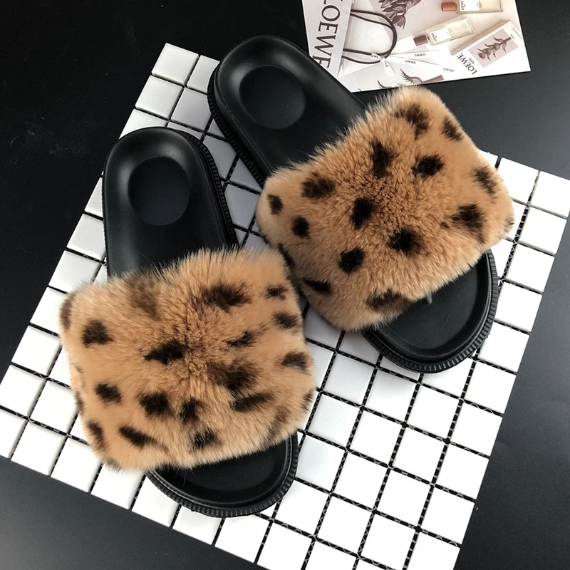 JELLYFOND Furry Slides for Women Leopard Slipper Real Rabbit Fur Slides Furry Flat Sandals Female Cute Fluffy Summer Shoes Woman