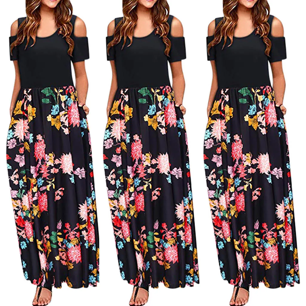 

New Arrived robe femme Women' Cold Shoulder Pocket Floral Print Elegant Maxi Short Sleeve Casual Long Dress party dress #C