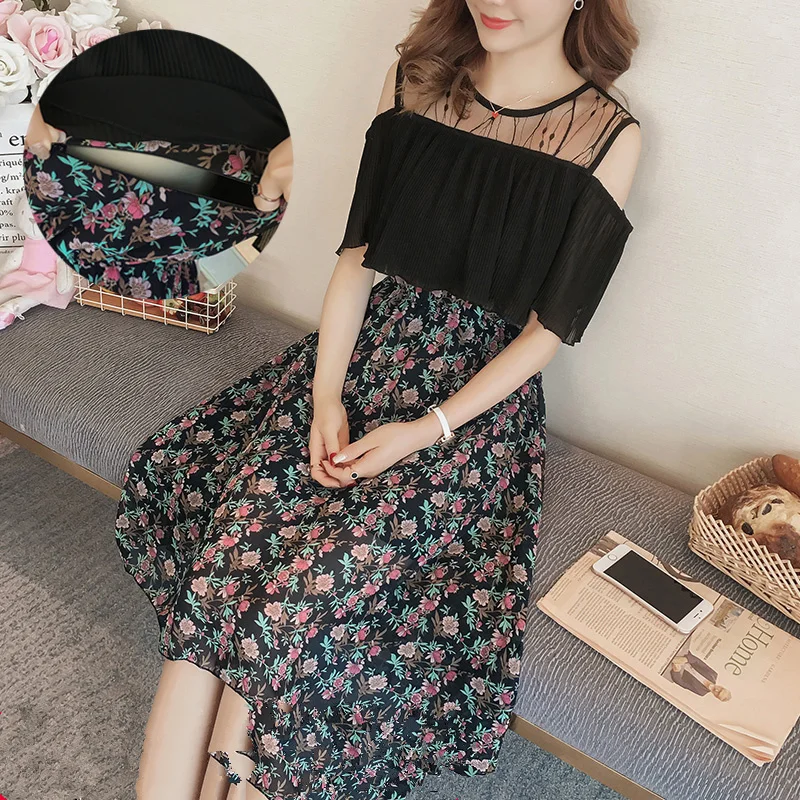 

Summer Nursing Chiffon Maternity Dress Pregnancy Clothes Short Sleeve Pregnant Women Lady Vestido Breastfeeding Party Dress C844