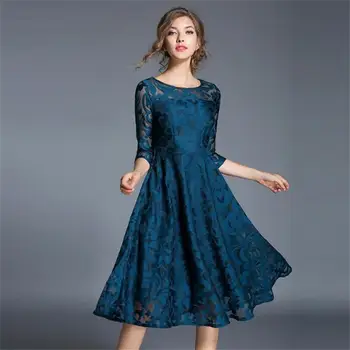 

Autumn Lace Dress Work Casual Slim Fashion O-neck Sexy Hollow Out Blue Red Dresses Women A-line Vintage Vestidos