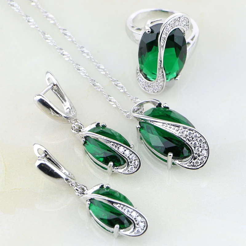 

Egg Shaped Green Created Emerald White Stones Sterling Silver Jewelry Sets For Women Wedding Earrings/Pendant/Necklace/Ring