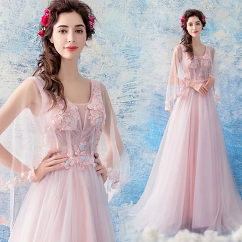 

It's YiiYa Evening Dress Embroidery Appliques Beading Formal Prom Dresses Lace Up V-neck Floral A Line Long Party Gowns E188