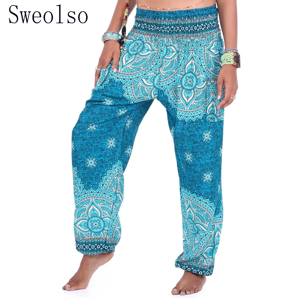 

SWEOLSO 2019 Summer Polyester New Women Boho Casual Trousers Loose Elastic High Waist Soft National Style Lantern Pants 7 colors