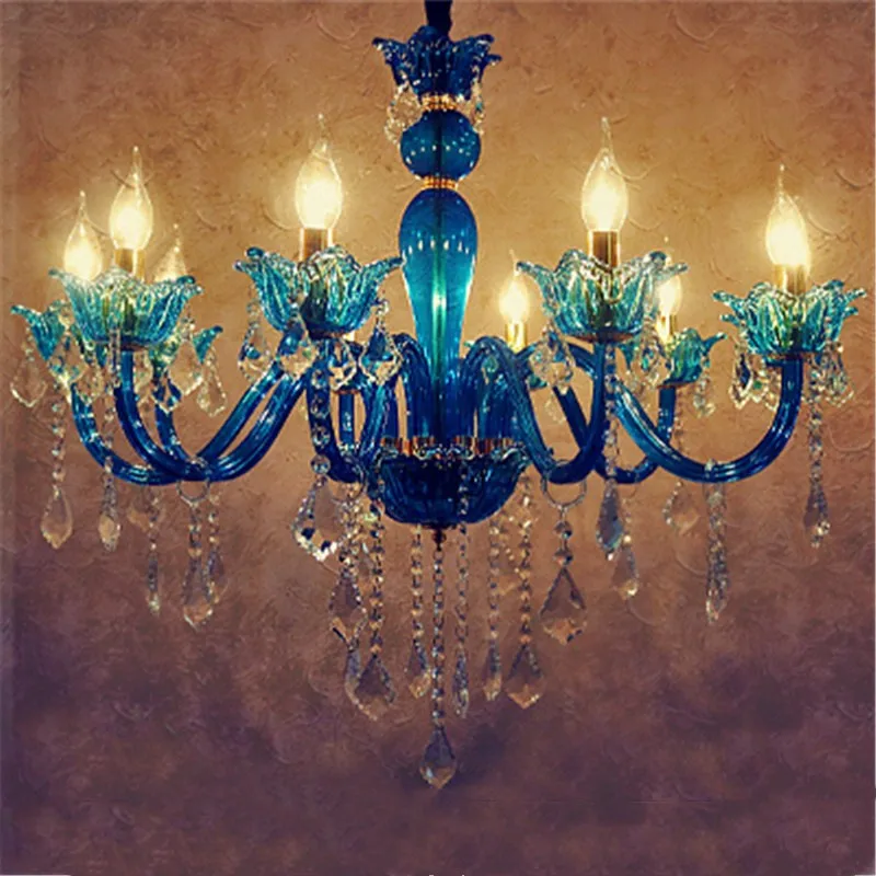 

European blue crystal chandelier living room bedroom restaurant bar personality, romantic candle color pendant lamp