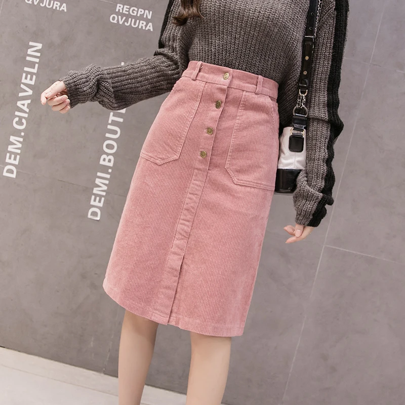 Women Thin Corduroy Skirts Knee Length High Waist Skirt Pink Pocket