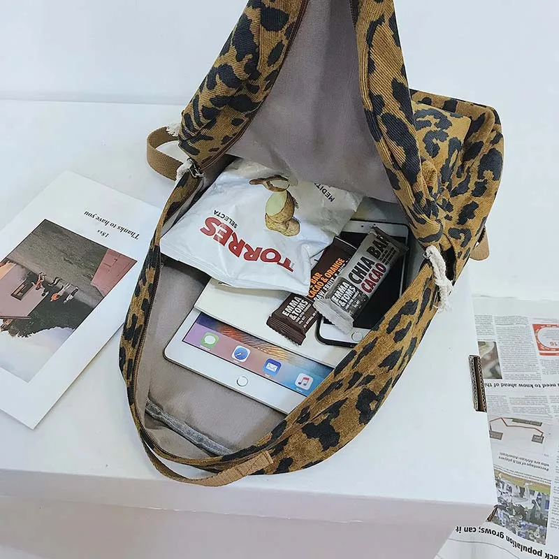  Fashion Female Backpack Leopard Print Corduroy Dual-Straps Woman Travel Backpack Large Capacity Gir - 32957467382