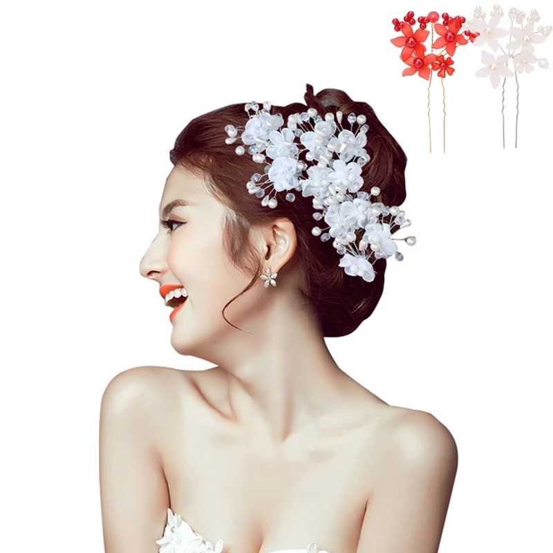 

2 Colors White Red Wedding Bride Rhinestone Flower Pearl Hair Pins Clip Head Hairpin Woman Hair Accessories