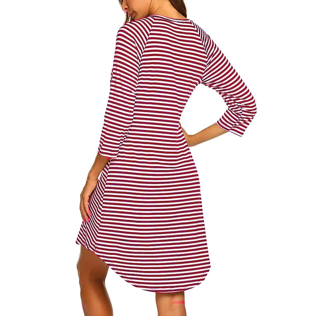 Home suit Women's Maternity Night Dress 3/4 Sleeve Striped Nursing Breastfeeding Cotton Sleepwear Dress Nightgown Home Wear#g4