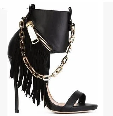 

Hot Selling American and European Sexy Black Leather Sandals Peep Toe Chain Fringe Amazing Party Dress Shoes