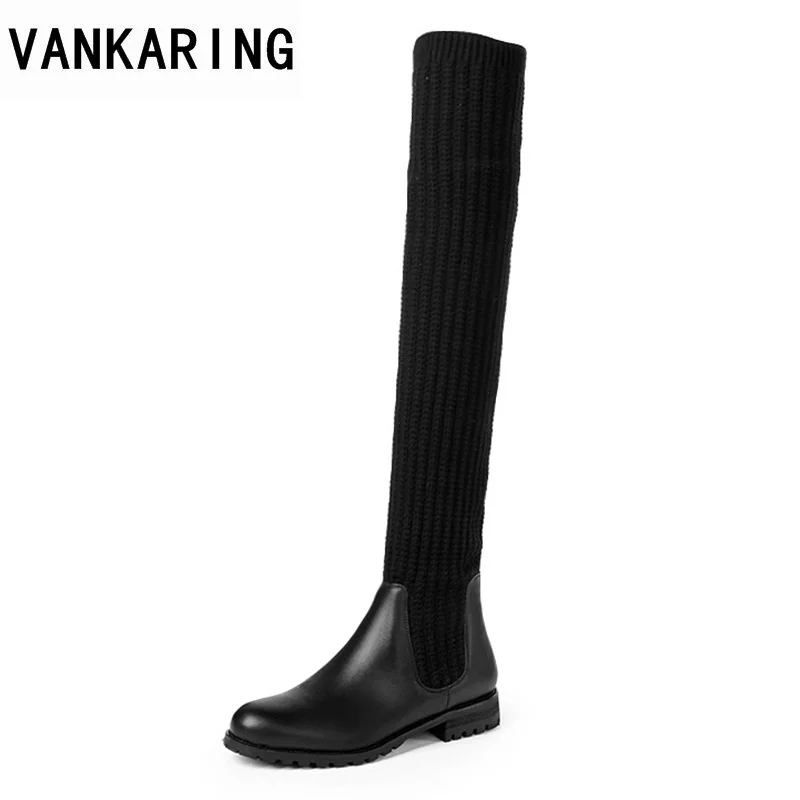 

VANKARING women boots new 2019 spring autumn low heels round toe shoes woman black casual over the knee high boots shoes woman