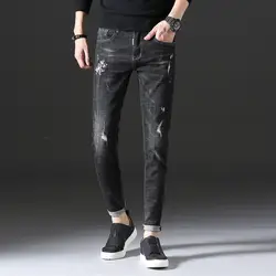 Мужской вышивка цветочный Amkle Длина джинсы мужские Бизнес Smart Повседневное Джинсы-стретч Slim Fit Прямые джинсы AA11421