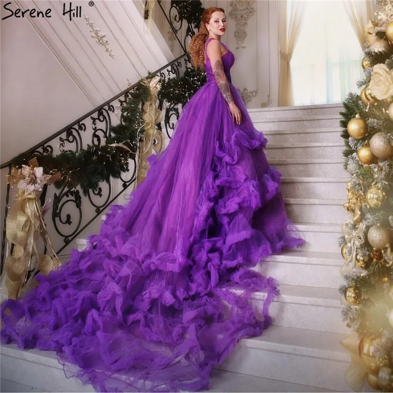 

2019 Purple One Shoulder Sexy Simple Wedding Dresses Sleeveless Tiered Tulle Photography Bridal Gowns Serene Hill HA2230
