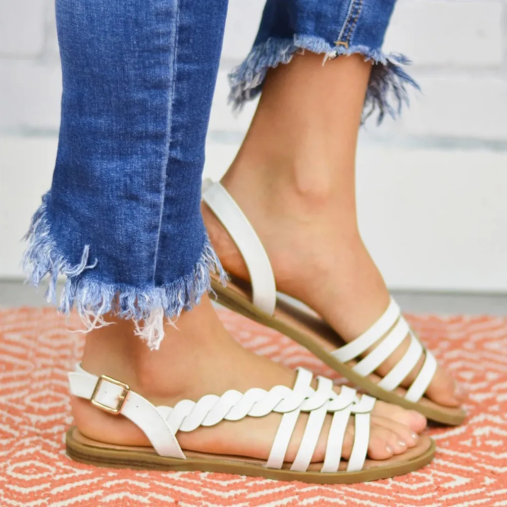Для женщин Sandles дамы с перекрестными ремешками Пряжка на щиколотке Плетеный Мягкая римские сандалии Летняя женская мягкая пляжная обувь на сплошной подошве размеры 35–43 T9 - Цвет: D