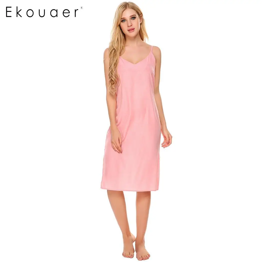 Ekouaer Sexy Lingerie Nightgown Sleepshirts Women Solid V Neck Spaghetti Strap Split Hem Ladies 