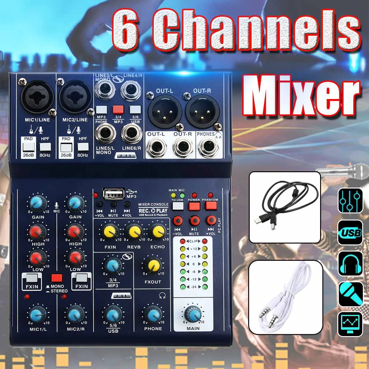 

Mini 6 Channel Professional USB Portable Audio Mixer 48V Phantom Mixing Console Karaoke Professional Usb Live Stage Performance