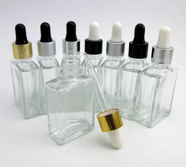 10 X 1OZ Clear Square Glass Dropper Bottle, Small 30ML Clear Glass
