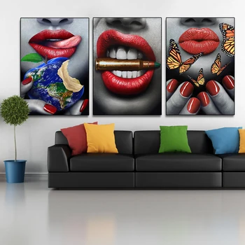 

Wall Art Picture Canvas Oil Painting Red and Blue Lips Teeth Biting Something for Living Room Home Decor No Frame