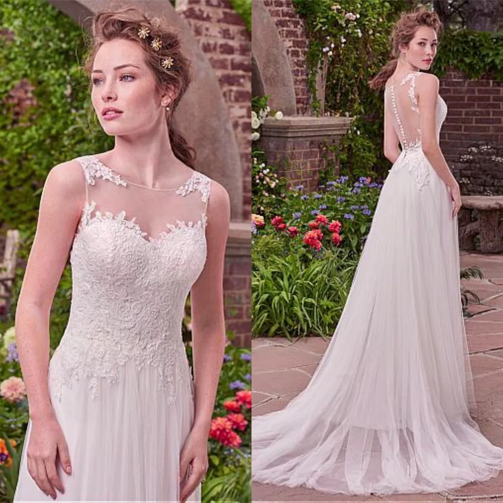 

Gorgeous Tulle & Satin Bateau Neckline A-Line Wedding Dresses With Lace Appliques Sheer Bridal Dress Illusion Back