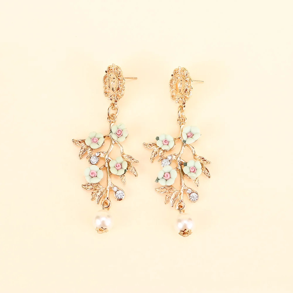 

1 Pair Woman Fashion Elegant Sweet Fresh Style Polymer Clay Flowers Branch Earrings Fashion Jewelry Vintage Dangle Earrings