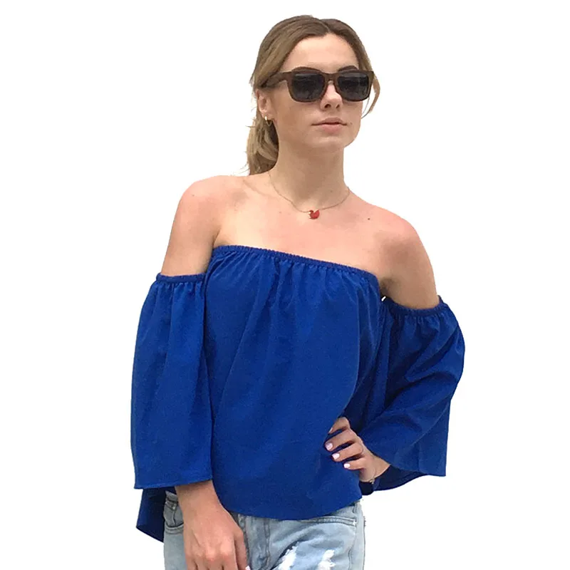 

Summer Sexy Off The Shoulder Butterfly Sleeve Ladies Top 2019 Boho Chiffon Blouse Strapless Beach Backless Solid Color Blouses