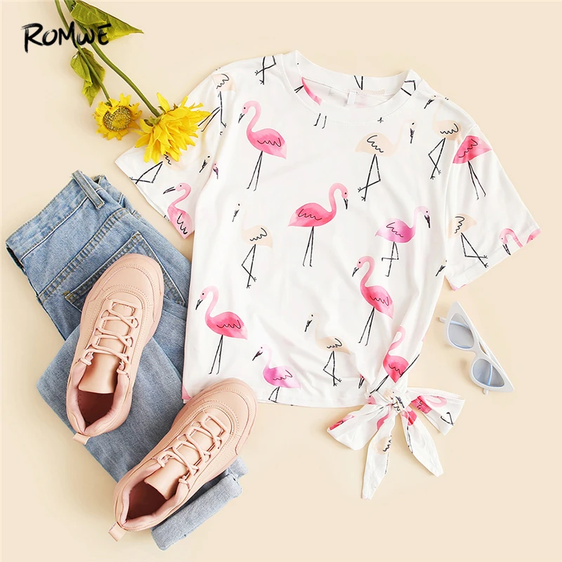 ROMWE/футболка с принтом Фламинго сбоку, летняя футболка с круглым вырезом и изображением животных, белая повседневная женская футболка с коротким рукавом