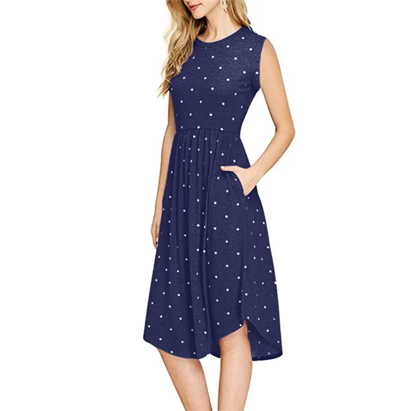  New Women Summer Fashion Pleated Polka Dot Pocket Loose Swing O-Neck Casual Midi Dress Elegant Lady Holiday Daily Dress #4R08 (4)