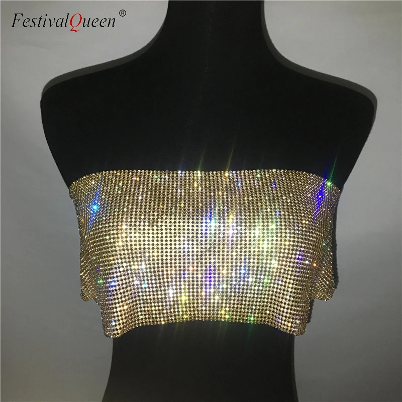 FestivalQueen Sexy Rhinestone Sequined strapless Tops fashion shiny metal diamond Tube Tops Party Club Summer beach wear